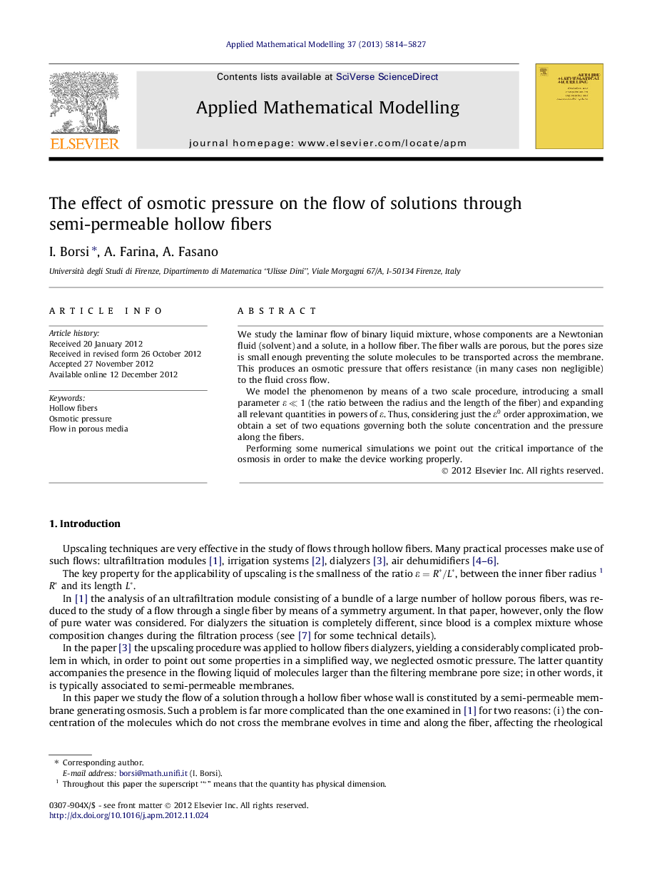 The effect of osmotic pressure on the flow of solutions through semi-permeable hollow fibers