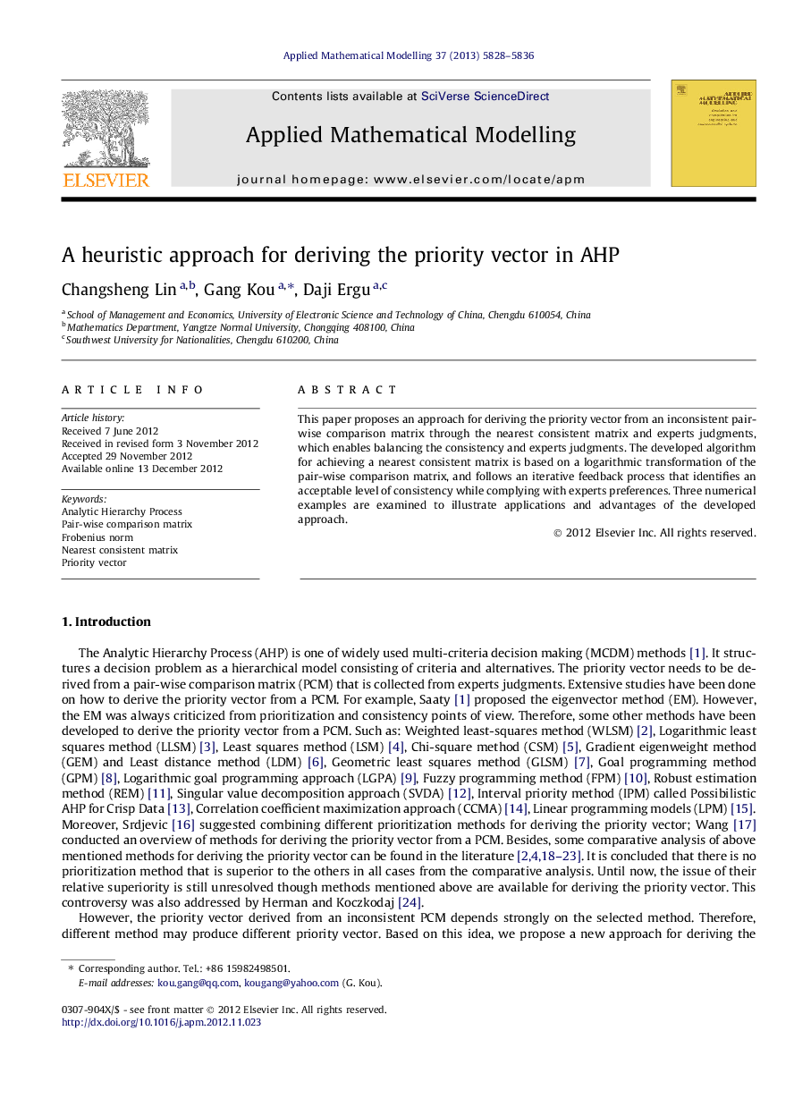 A heuristic approach for deriving the priority vector in AHP