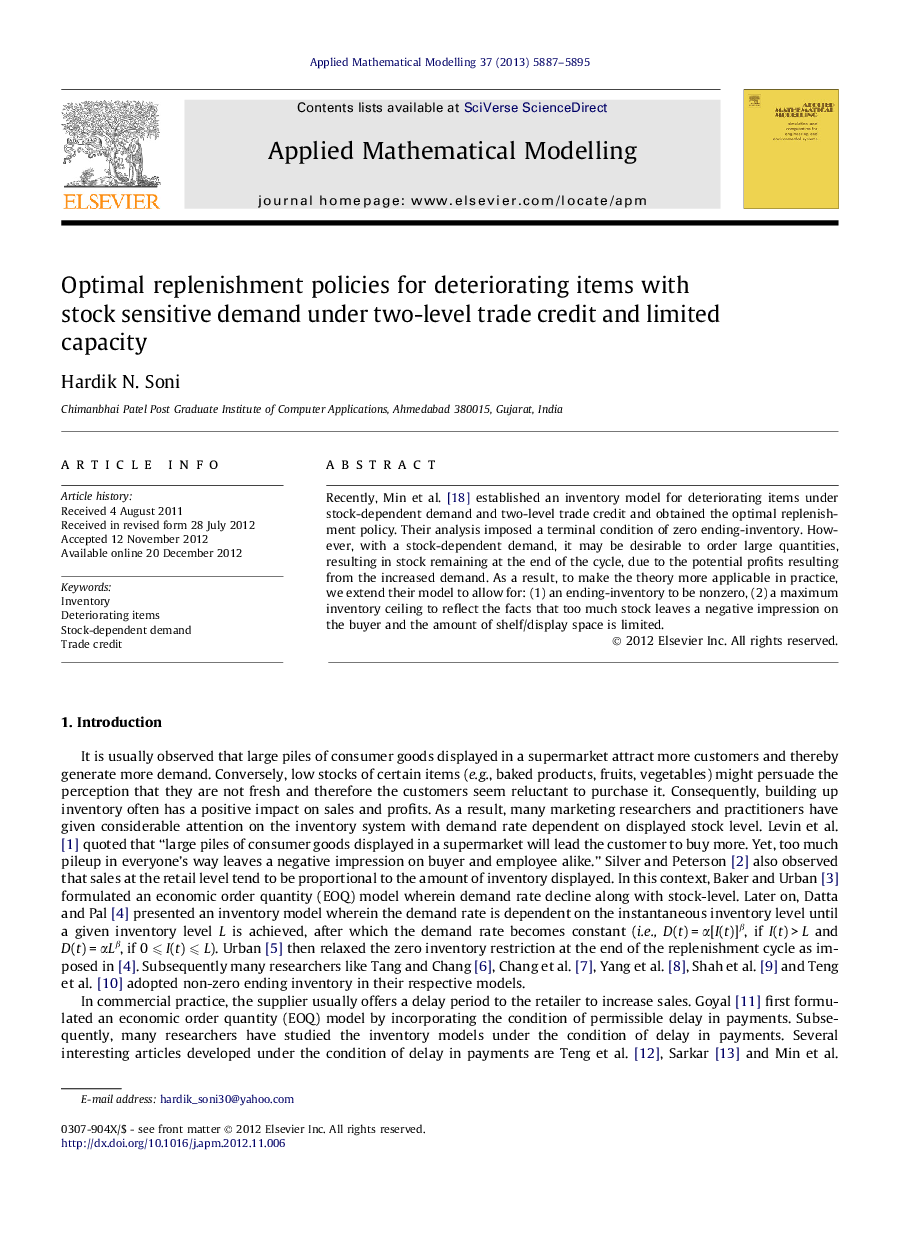 Optimal replenishment policies for deteriorating items with stock sensitive demand under two-level trade credit and limited capacity