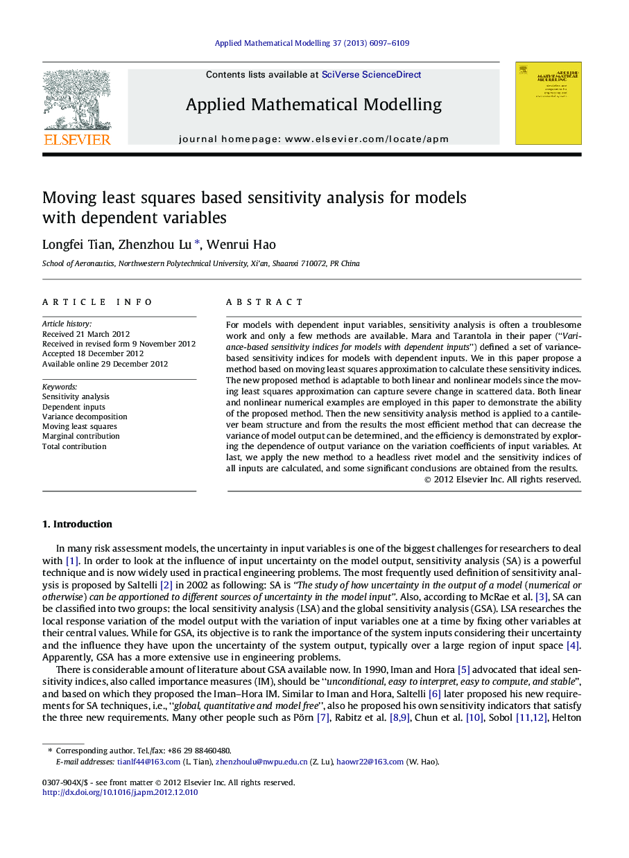 عکس صفحه اول مقاله: Moving least squares based sensitivity analysis for models with dependent variables Moving least squares based sensitivity analysis for models with dependent variables