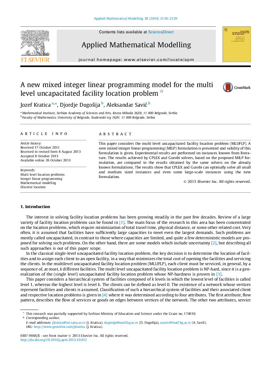 A new mixed integer linear programming model for the multi level uncapacitated facility location problem 