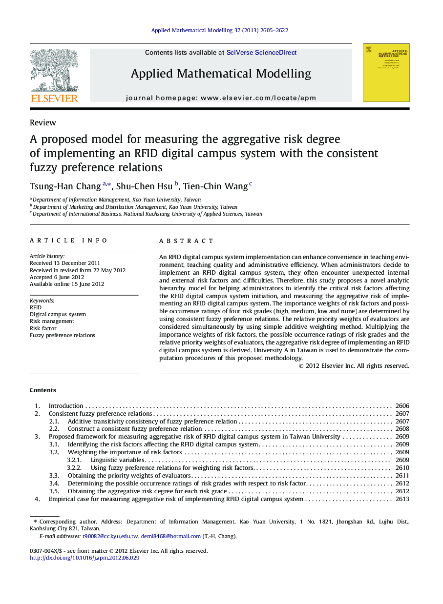 A proposed model for measuring the aggregative risk degree of implementing an RFID digital campus system with the consistent fuzzy preference relations
