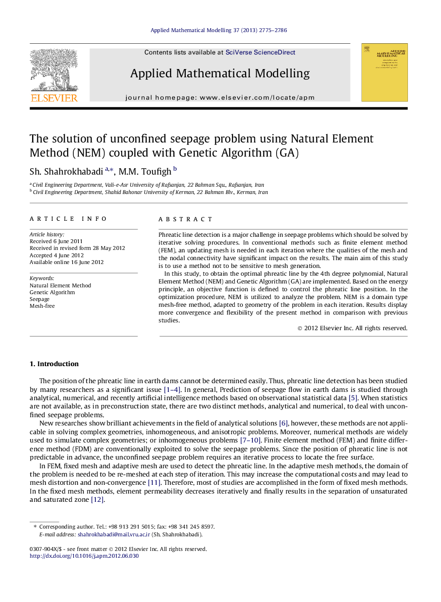 The solution of unconfined seepage problem using Natural Element Method (NEM) coupled with Genetic Algorithm (GA)