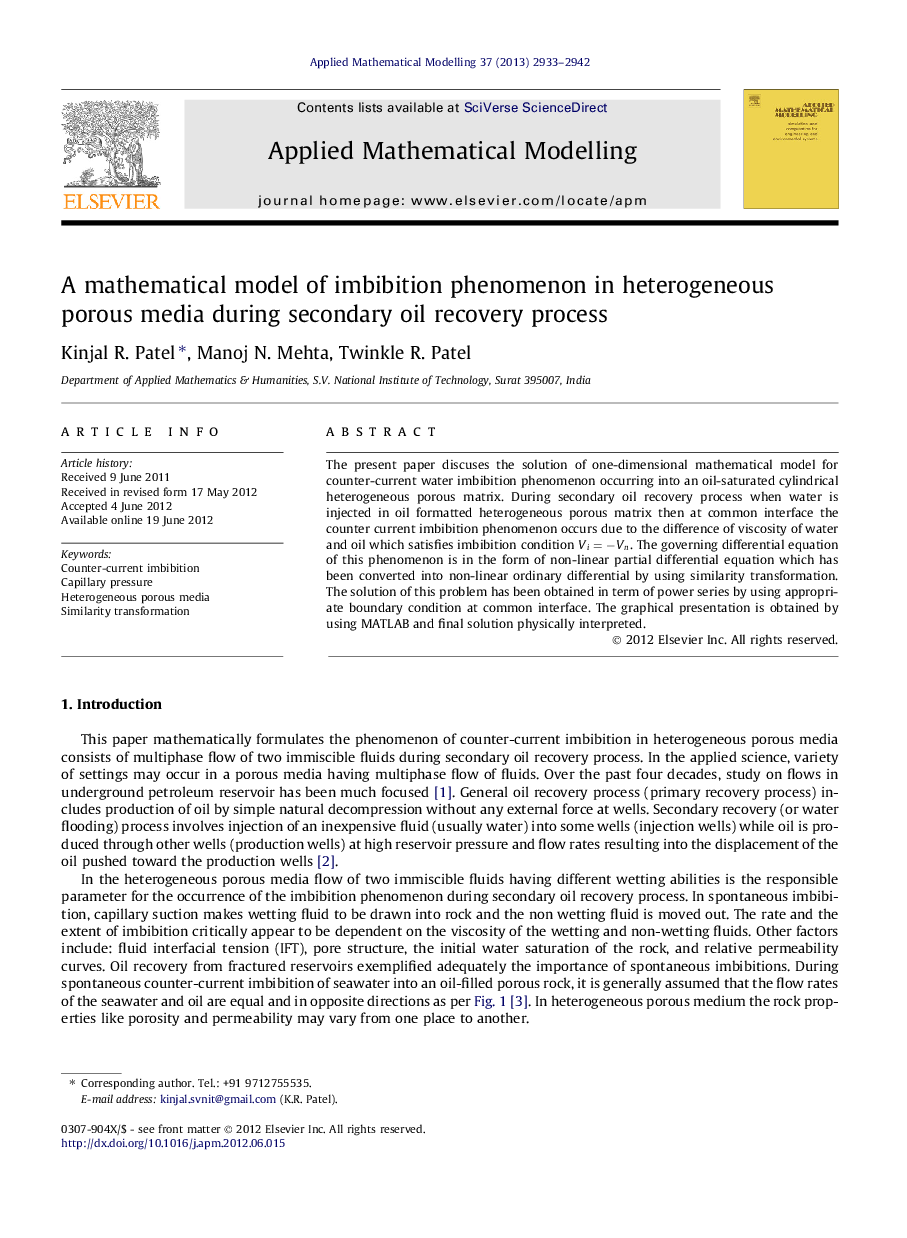 A mathematical model of imbibition phenomenon in heterogeneous porous media during secondary oil recovery process