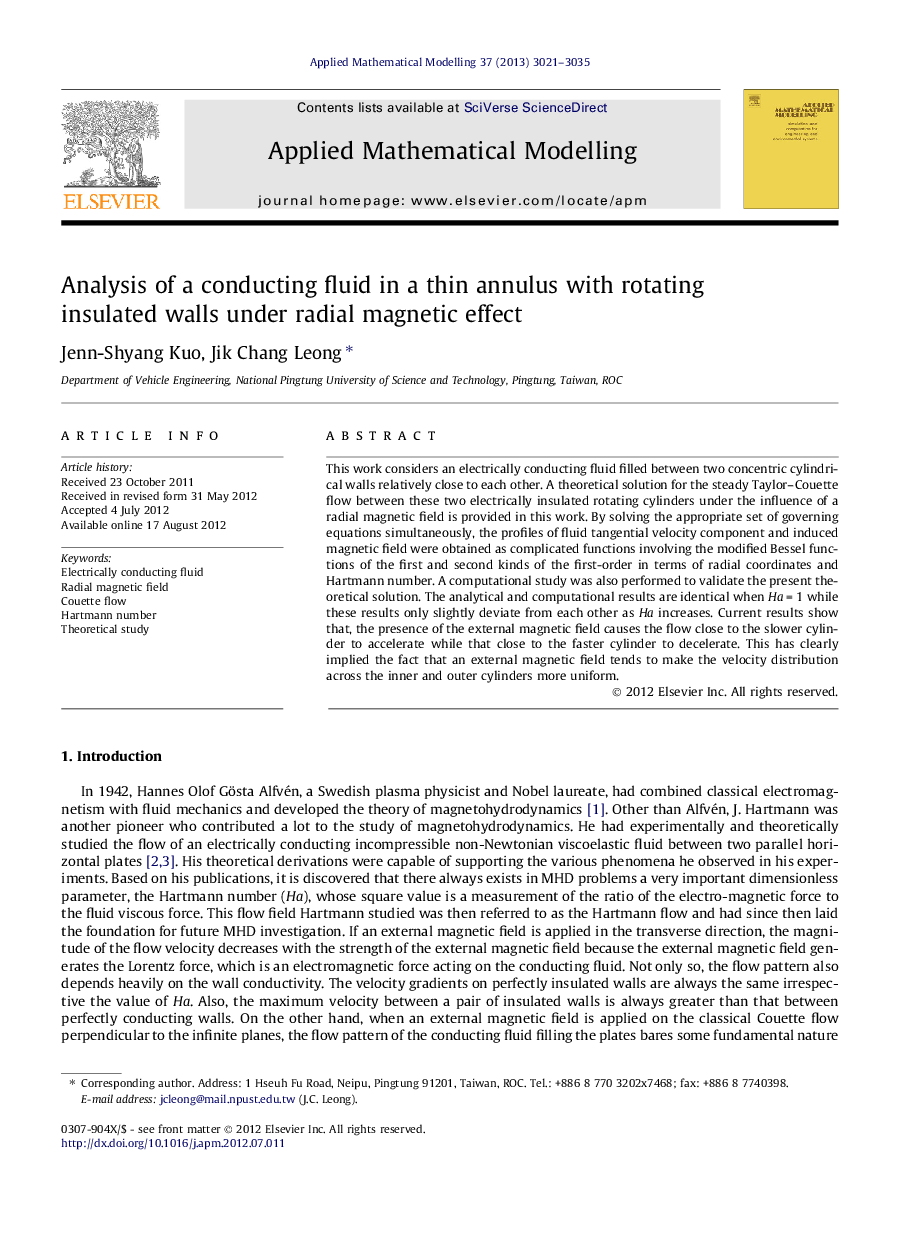 عکس صفحه اول مقاله: Analysis of a conducting fluid in a thin annulus with rotating insulated walls under radial magnetic effect Analysis of a conducting fluid in a thin annulus with rotating insulated walls under radial magnetic effect
