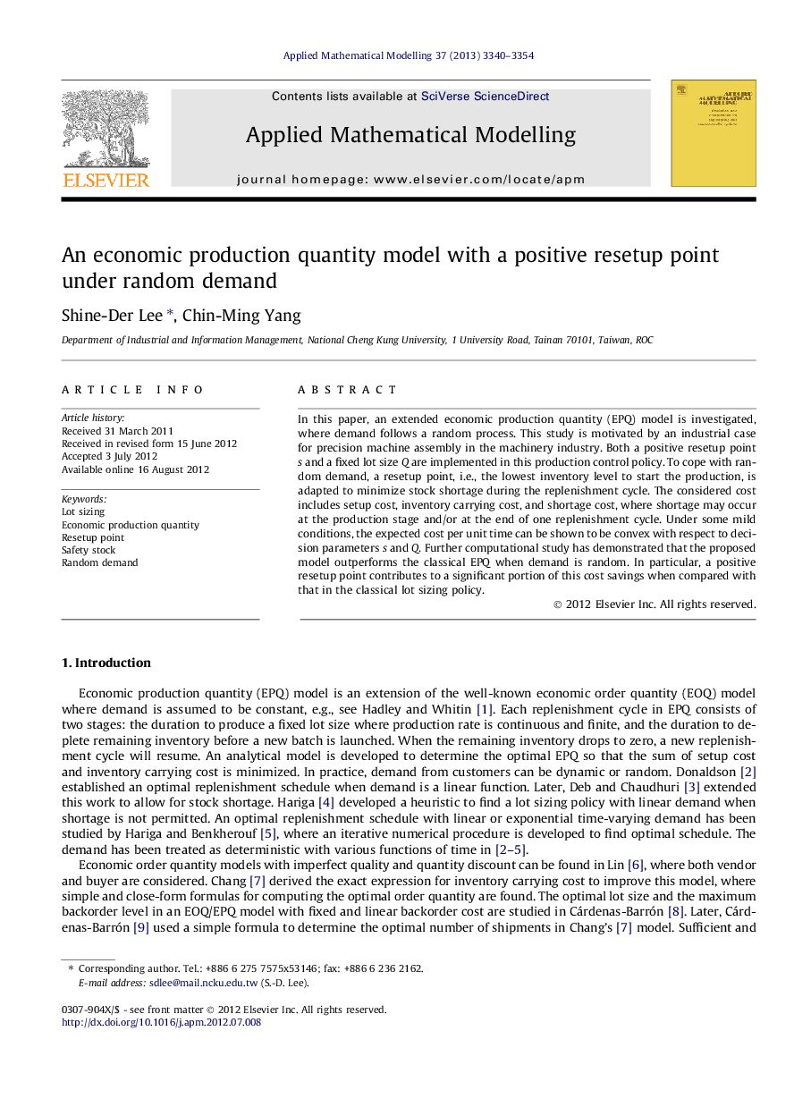 An economic production quantity model with a positive resetup point under random demand