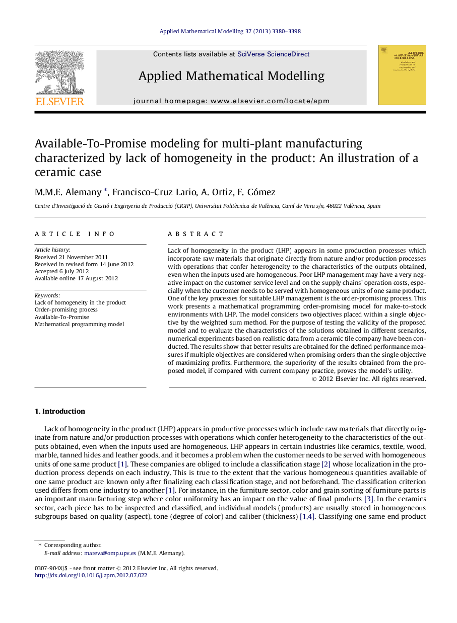 Available-To-Promise modeling for multi-plant manufacturing characterized by lack of homogeneity in the product: An illustration of a ceramic case