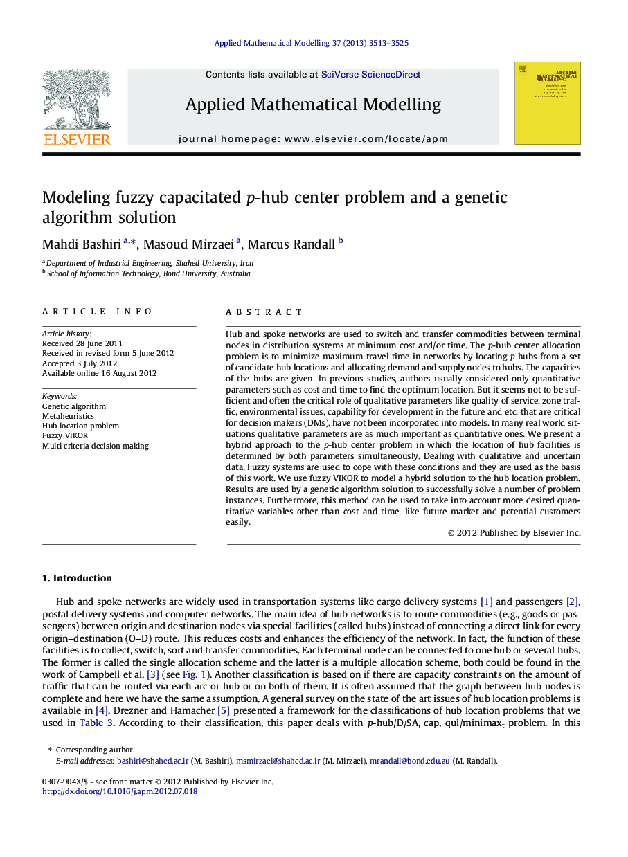 Modeling fuzzy capacitated p-hub center problem and a genetic algorithm solution