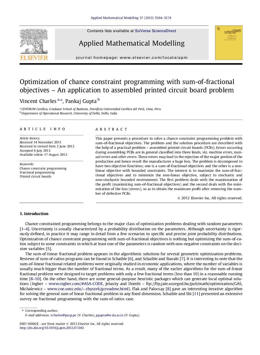 Optimization of chance constraint programming with sum-of-fractional objectives – An application to assembled printed circuit board problem