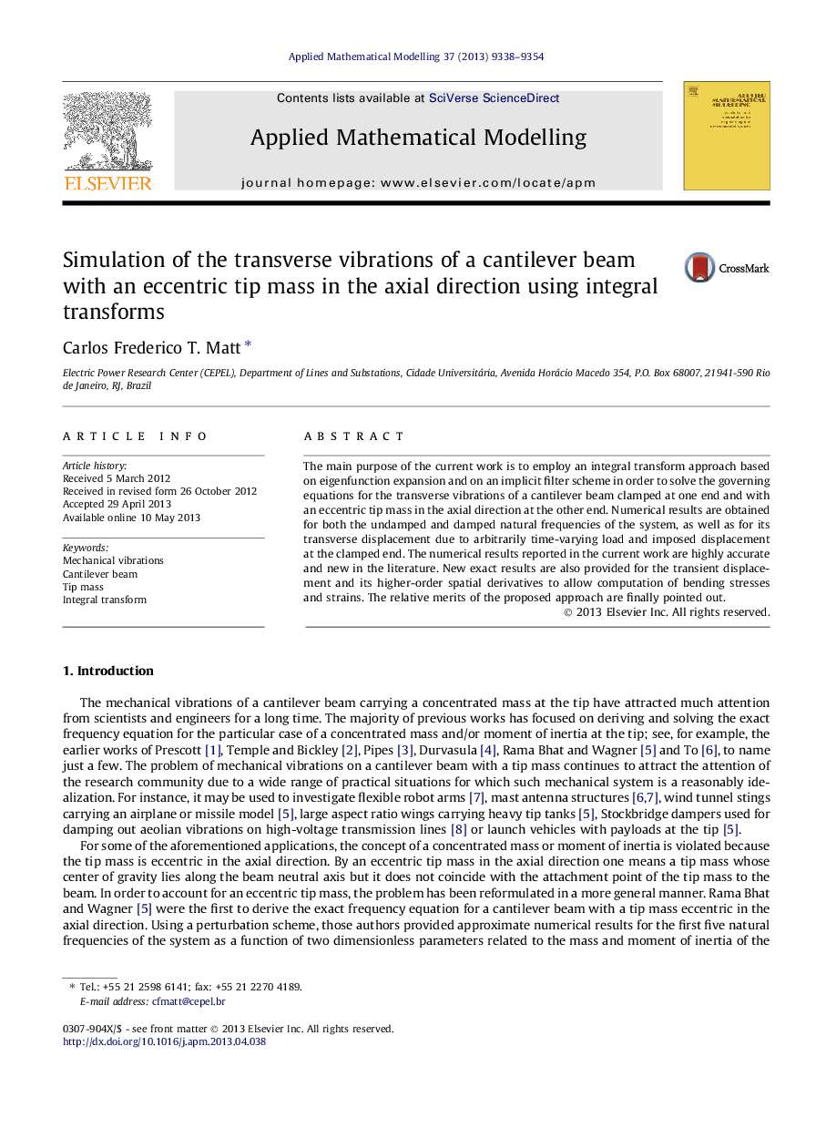 Simulation of the transverse vibrations of a cantilever beam with an eccentric tip mass in the axial direction using integral transforms