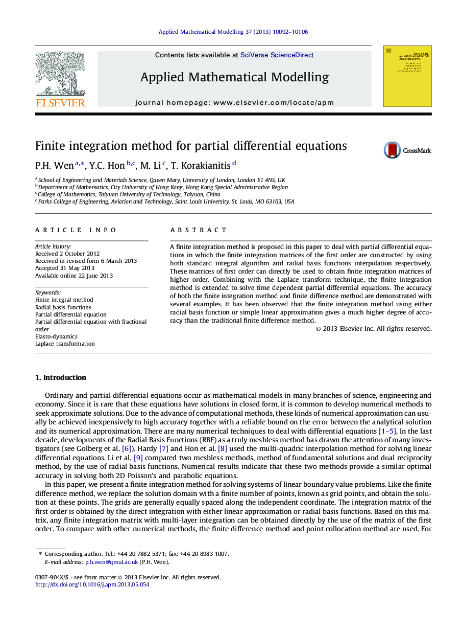 Finite integration method for partial differential equations