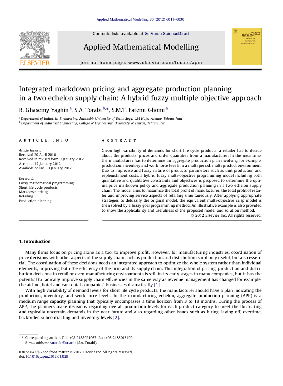 Integrated markdown pricing and aggregate production planning in a two echelon supply chain: A hybrid fuzzy multiple objective approach