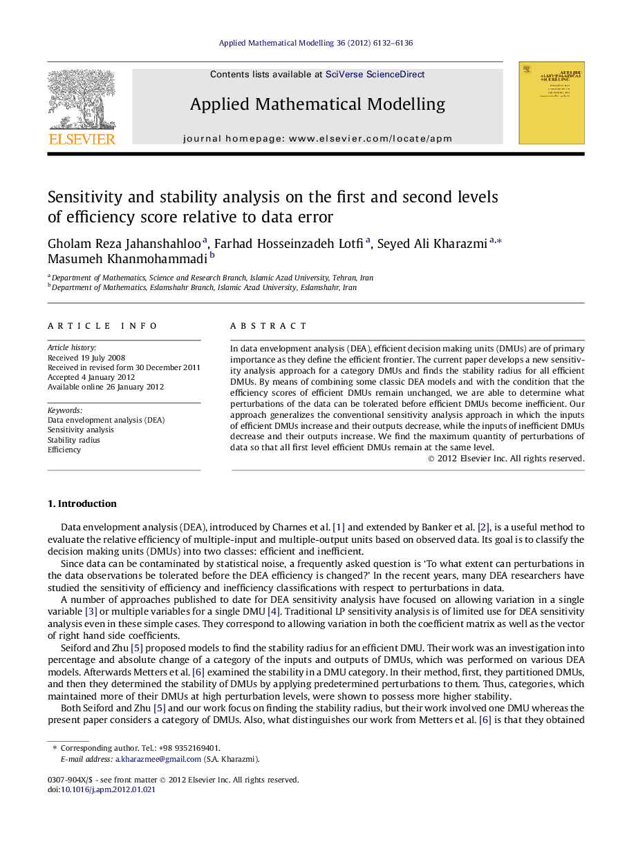 Sensitivity and stability analysis on the first and second levels of efficiency score relative to data error