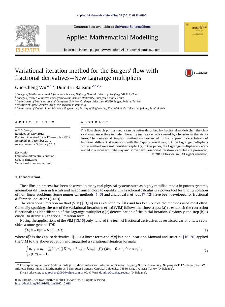 Variational iteration method for the Burgers’ flow with fractional derivatives—New Lagrange multipliers