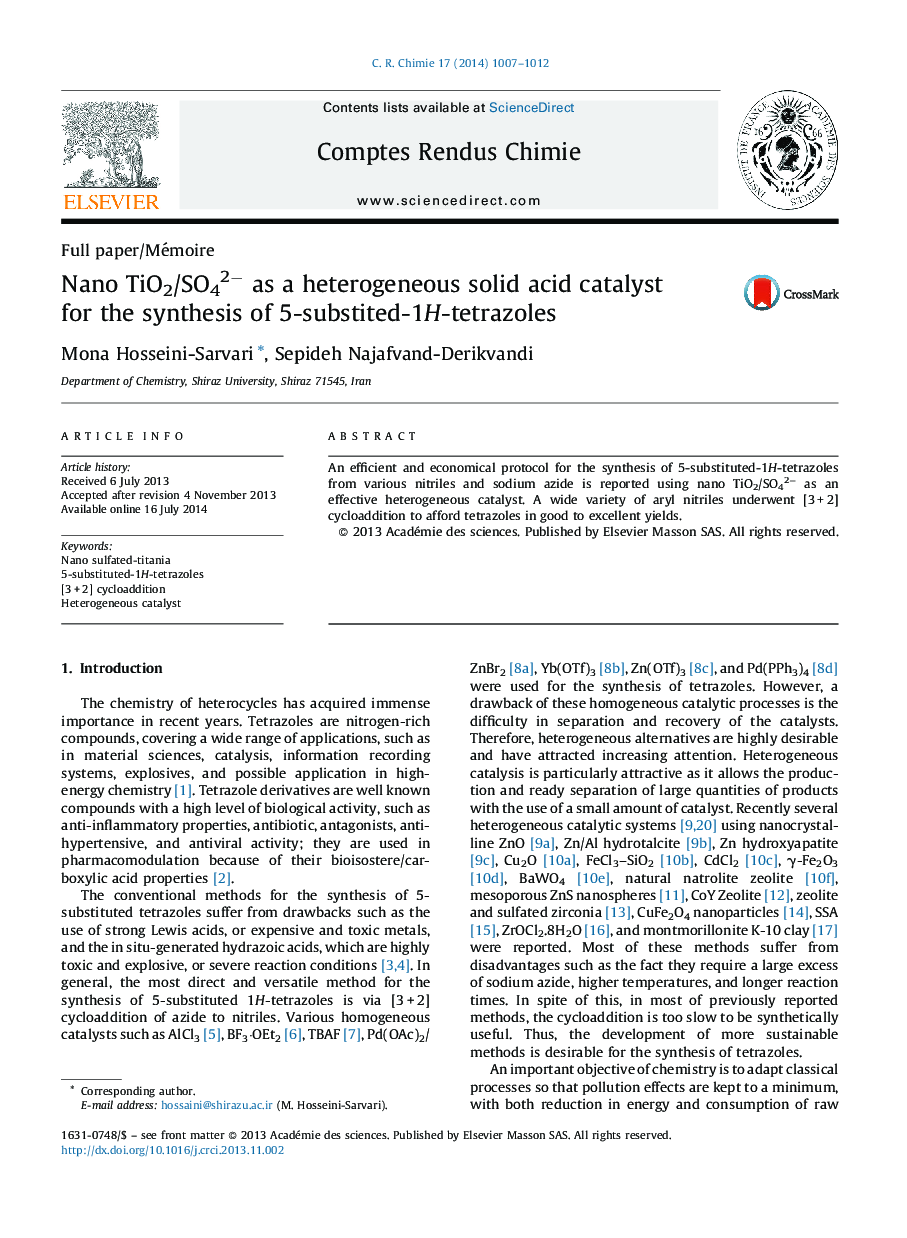 Nano TiO2/SO42− as a heterogeneous solid acid catalyst for the synthesis of 5-substited-1H-tetrazoles