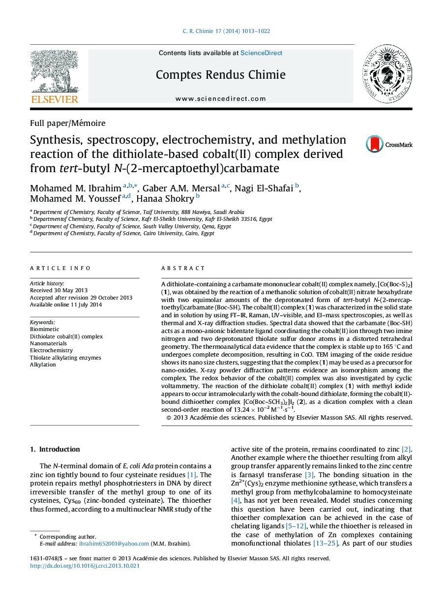 Synthesis, spectroscopy, electrochemistry, and methylation reaction of the dithiolate-based cobalt(II) complex derived from tert-butyl N-(2-mercaptoethyl)carbamate