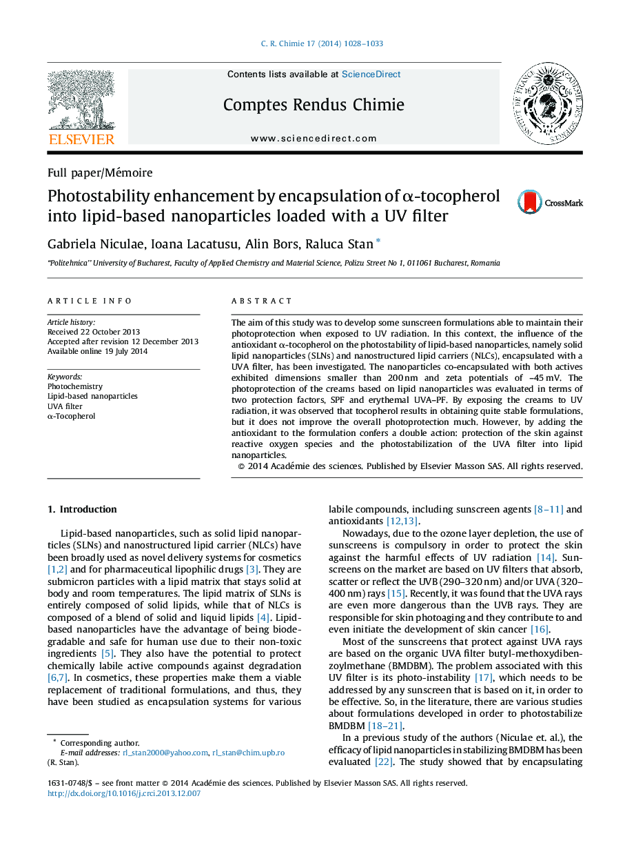 Photostability enhancement by encapsulation of α-tocopherol into lipid-based nanoparticles loaded with a UV filter