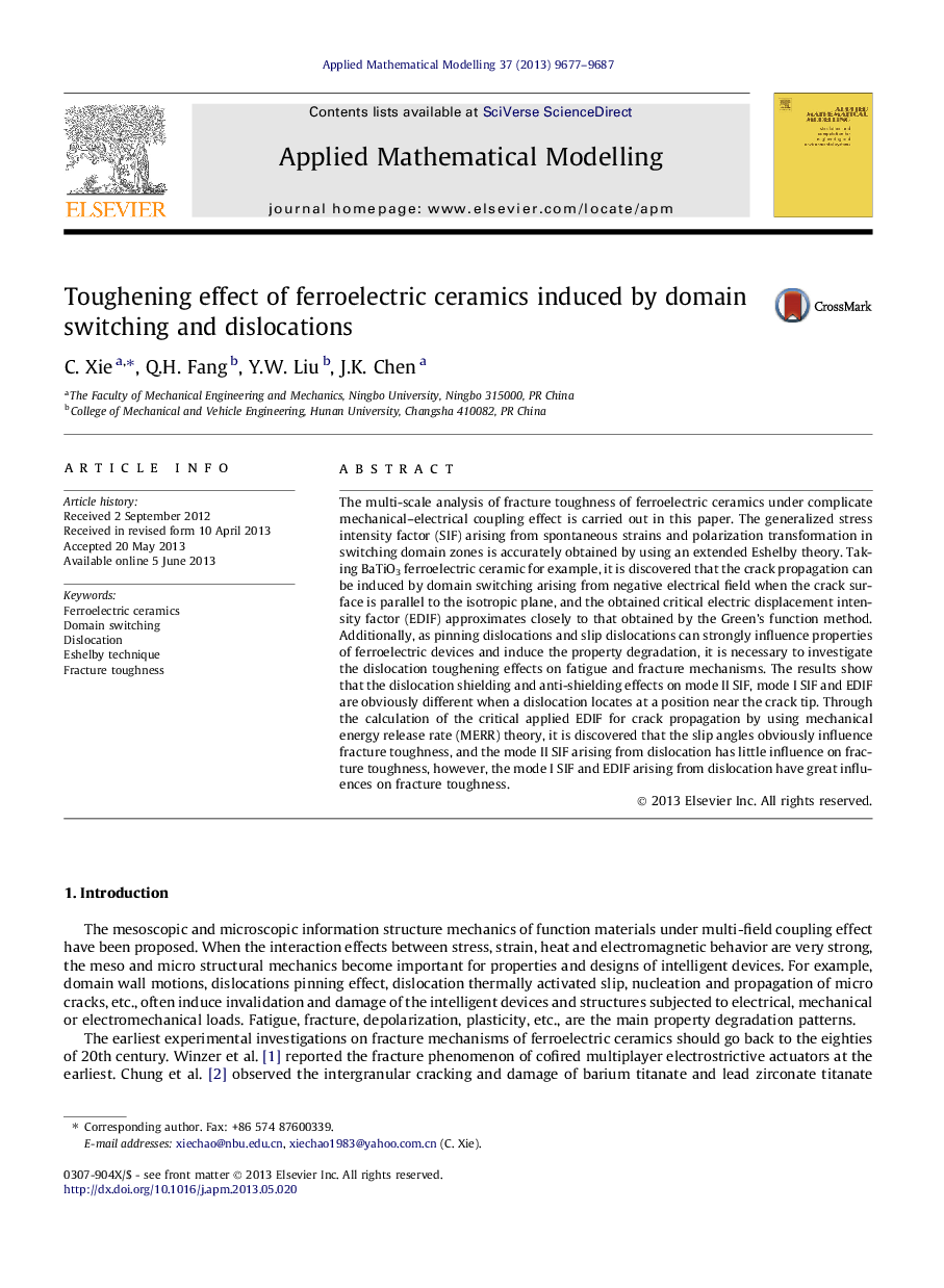 Toughening effect of ferroelectric ceramics induced by domain switching and dislocations