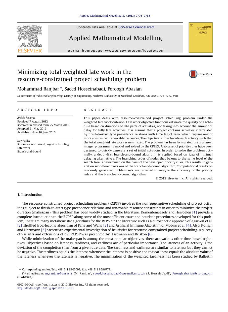 Minimizing total weighted late work in the resource-constrained project scheduling problem