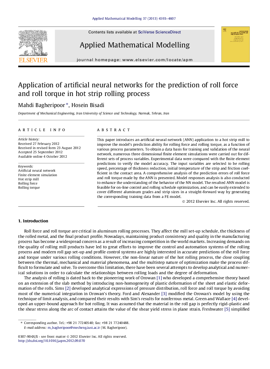 Application of artificial neural networks for the prediction of roll force and roll torque in hot strip rolling process