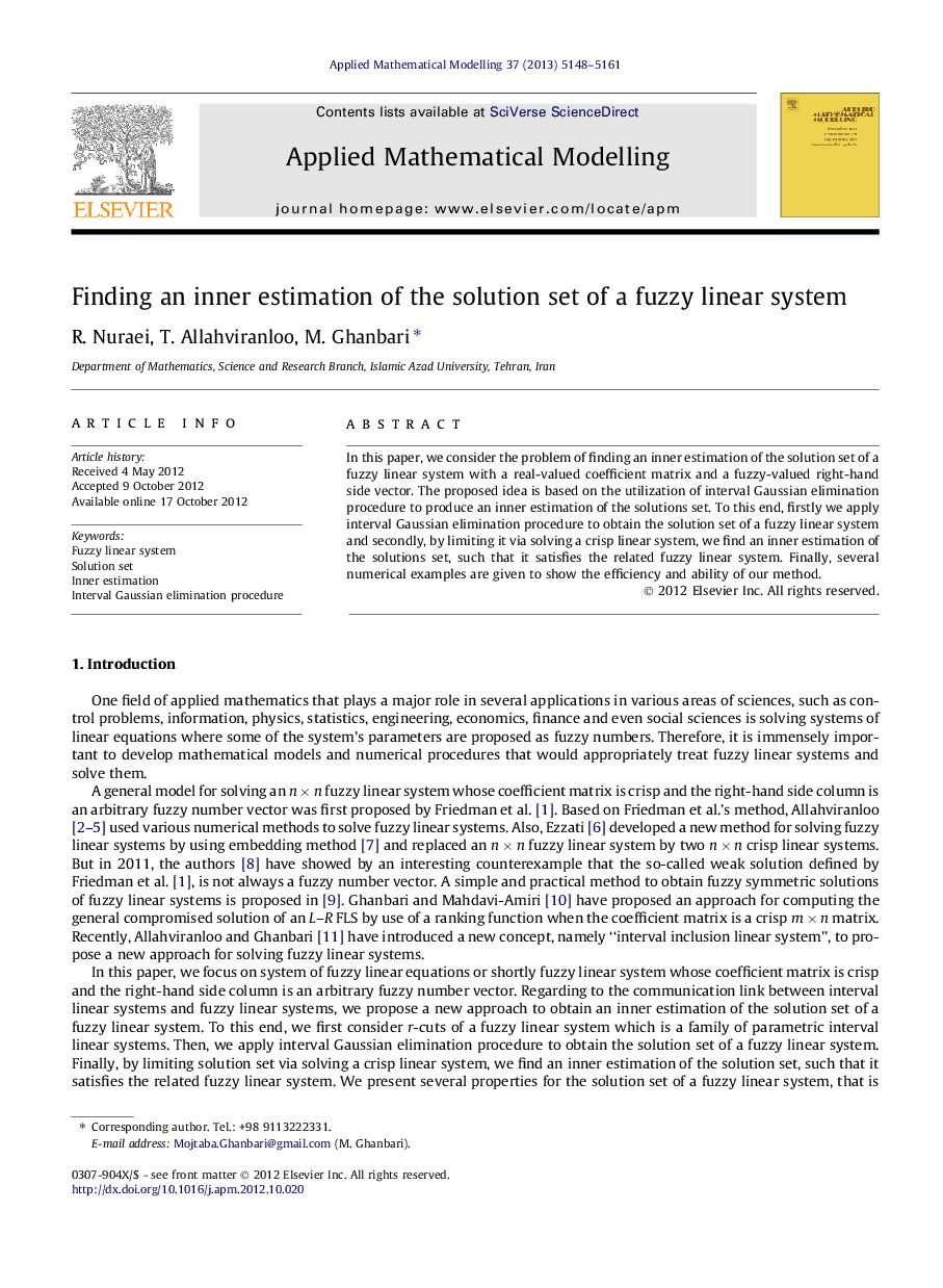 Finding an inner estimation of the solution set of a fuzzy linear system