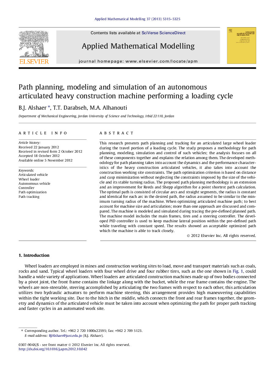 Path planning, modeling and simulation of an autonomous articulated heavy construction machine performing a loading cycle