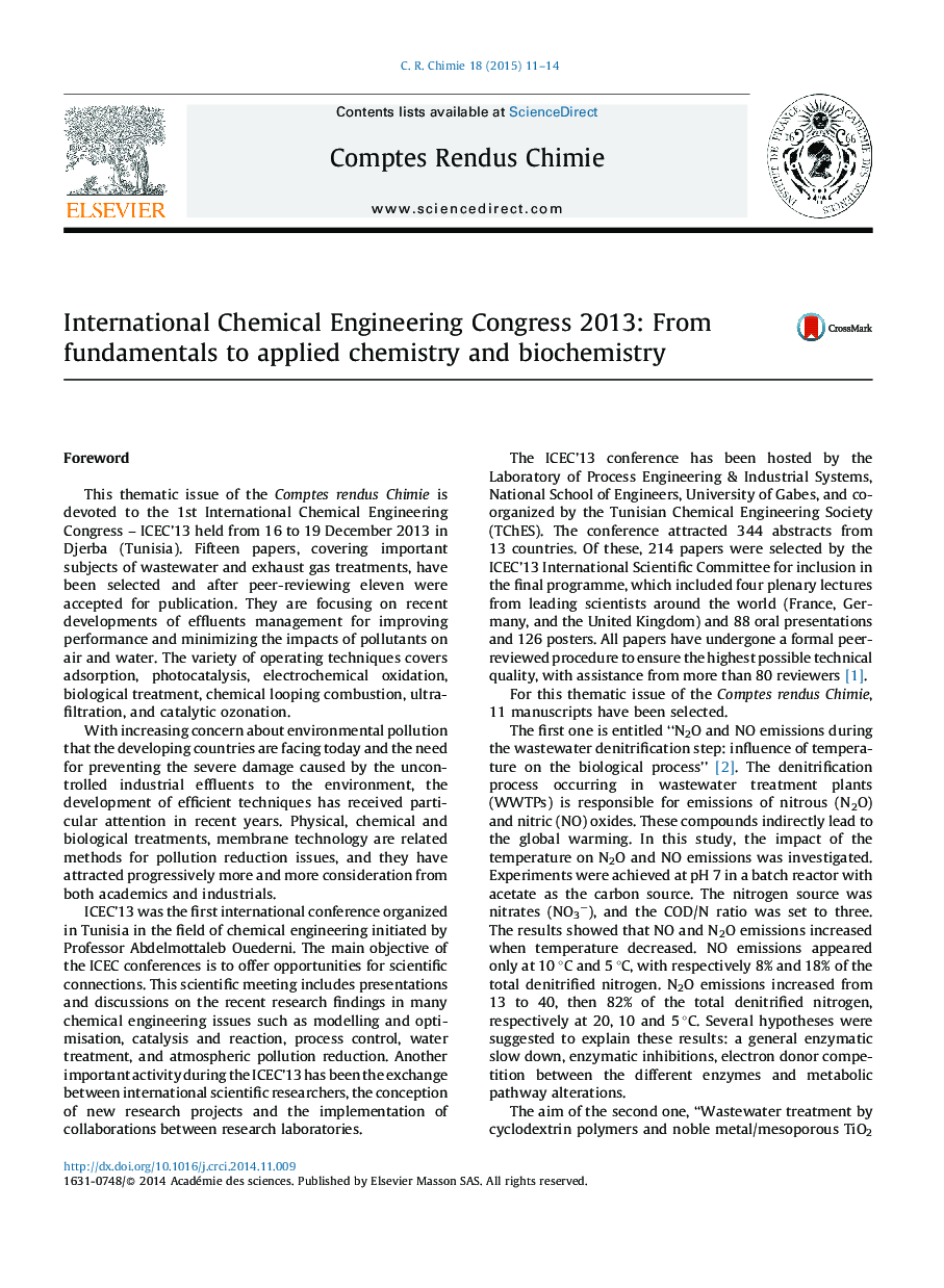 International Chemical Engineering Congress 2013: From fundamentals to applied chemistry and biochemistry