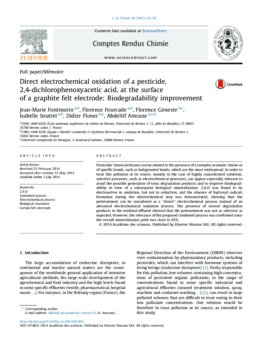 Direct electrochemical oxidation of a pesticide, 2,4-dichlorophenoxyacetic acid, at the surface of a graphite felt electrode: Biodegradability improvement