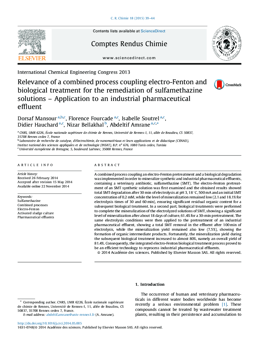 Relevance of a combined process coupling electro-Fenton and biological treatment for the remediation of sulfamethazine solutions – Application to an industrial pharmaceutical effluent