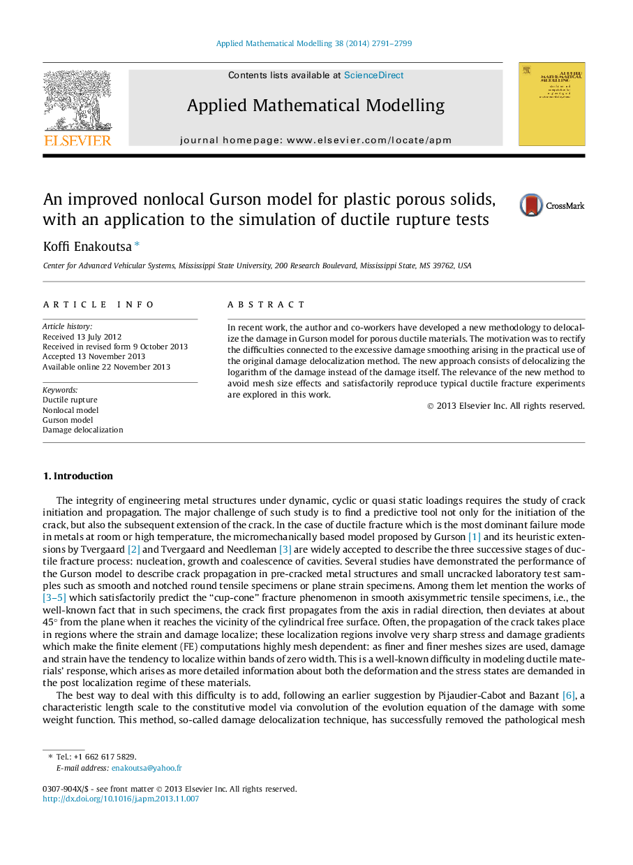 یک مدل بهبود یافته غیرقطعی گرسن برای جامدات متخلخل پلاستیک با استفاده از نرم افزار برای شبیه سازی آزمون های شکستگی مجذور 