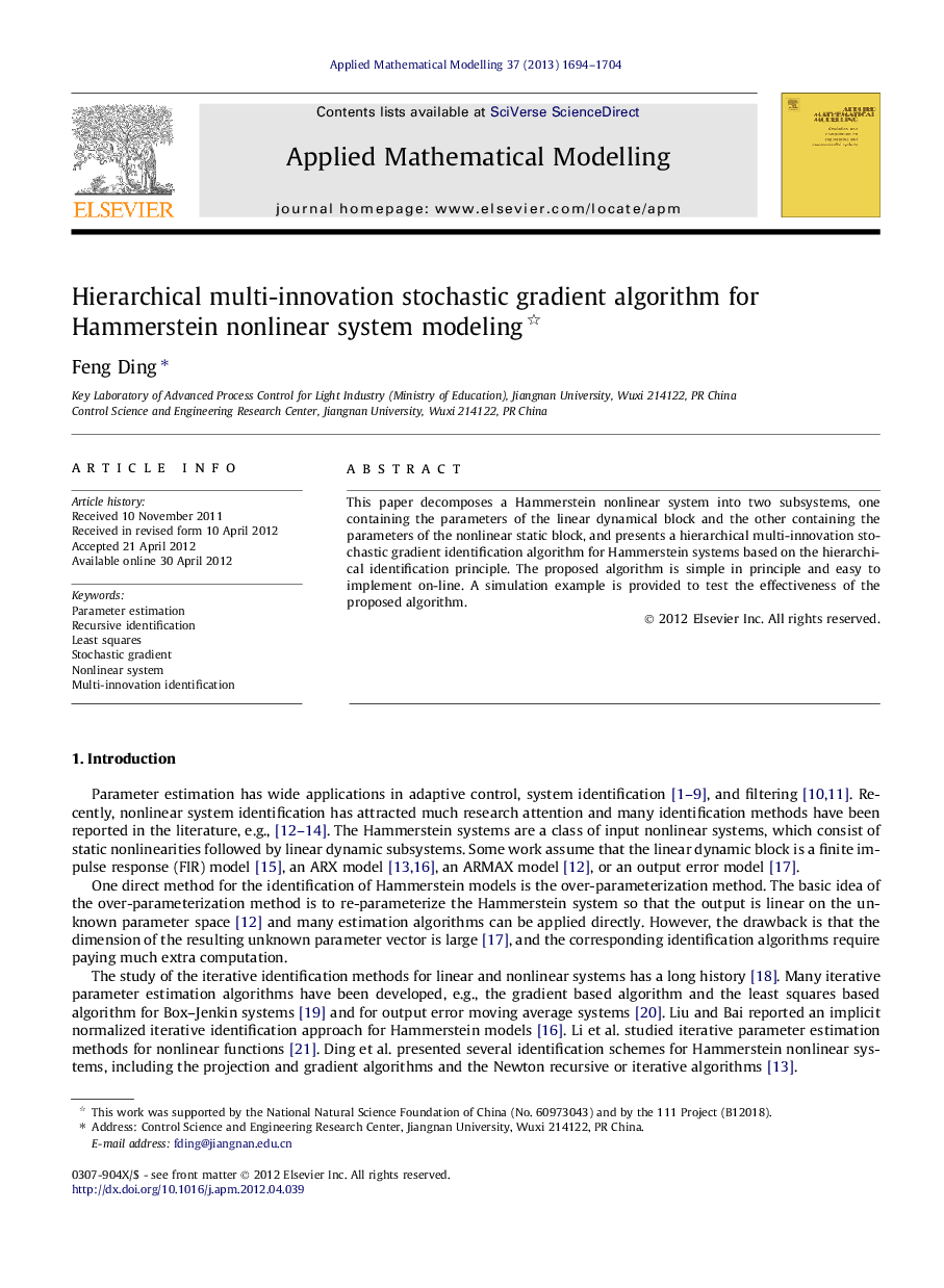 Hierarchical multi-innovation stochastic gradient algorithm for Hammerstein nonlinear system modeling 