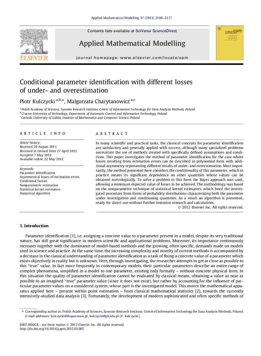 Conditional parameter identification with different losses of under- and overestimation