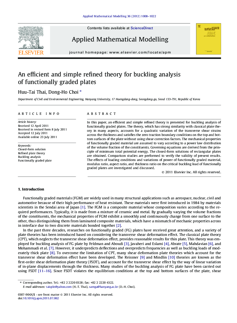 An efficient and simple refined theory for buckling analysis of functionally graded plates