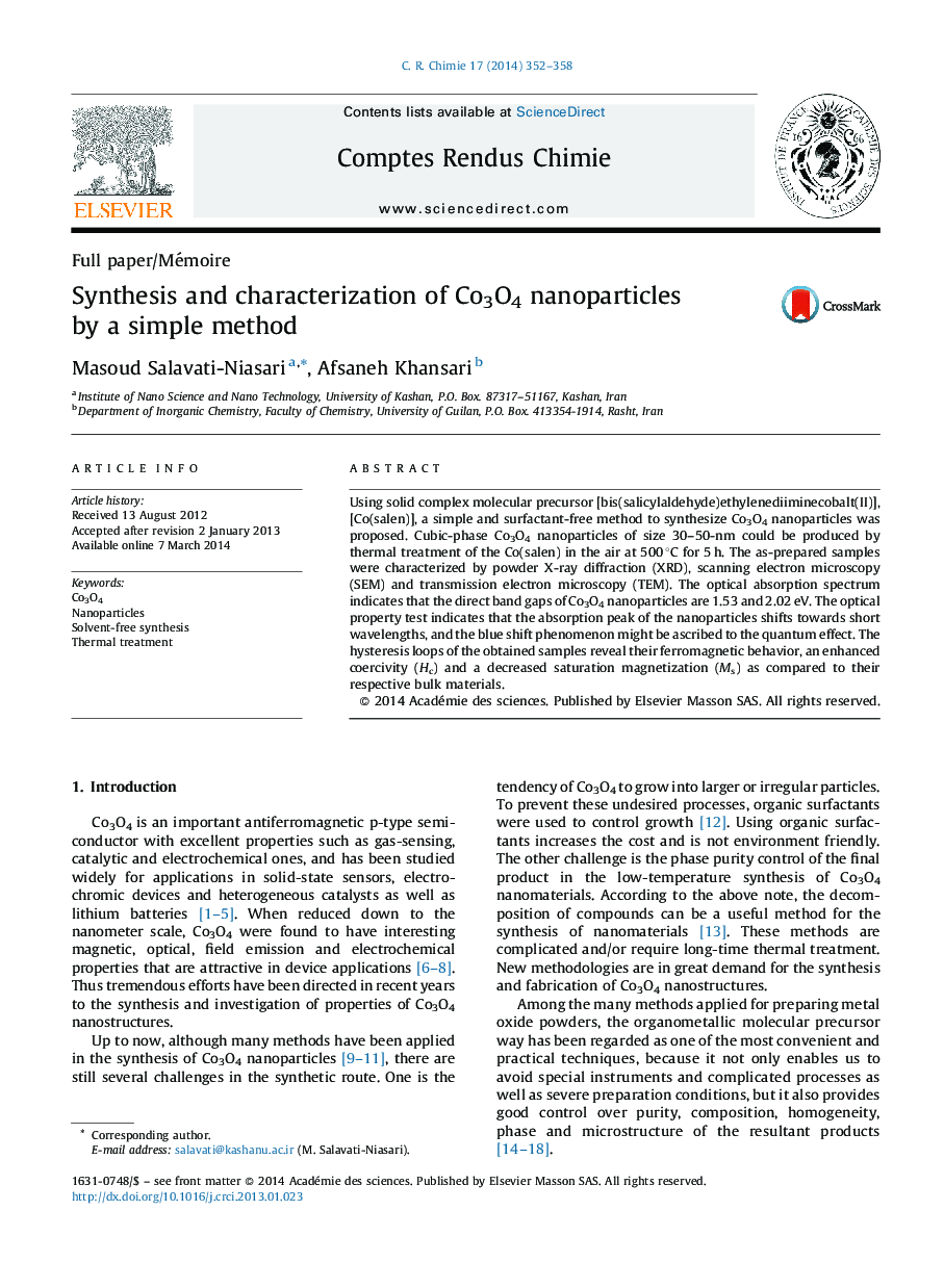 Synthesis and characterization of Co3O4 nanoparticles by a simple method