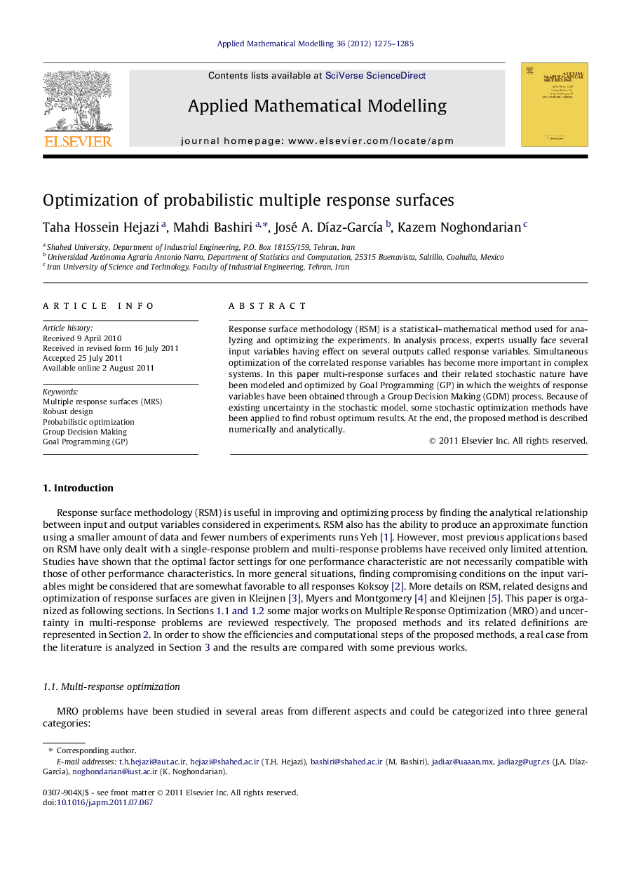 Optimization of probabilistic multiple response surfaces