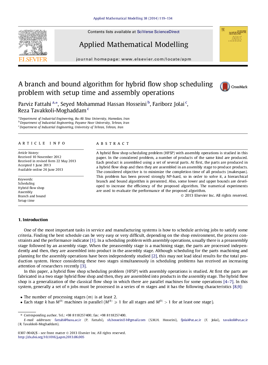 A branch and bound algorithm for hybrid flow shop scheduling problem with setup time and assembly operations