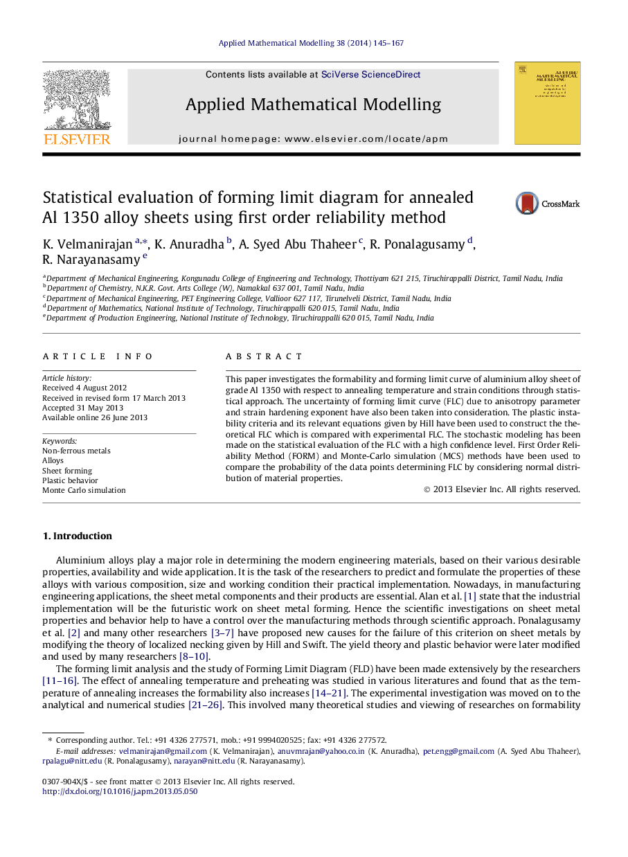 Statistical evaluation of forming limit diagram for annealed Al 1350 alloy sheets using first order reliability method