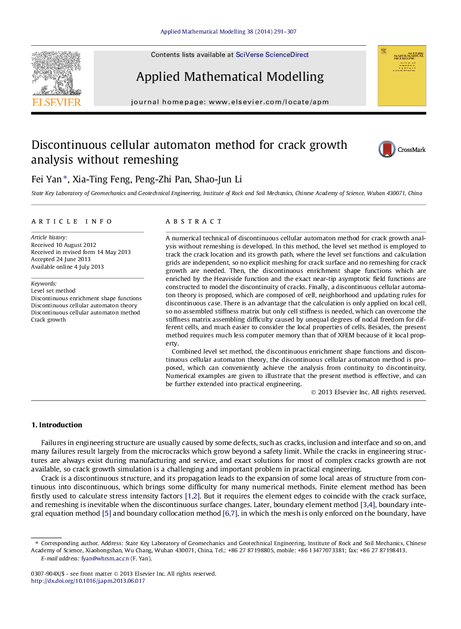 Discontinuous cellular automaton method for crack growth analysis without remeshing