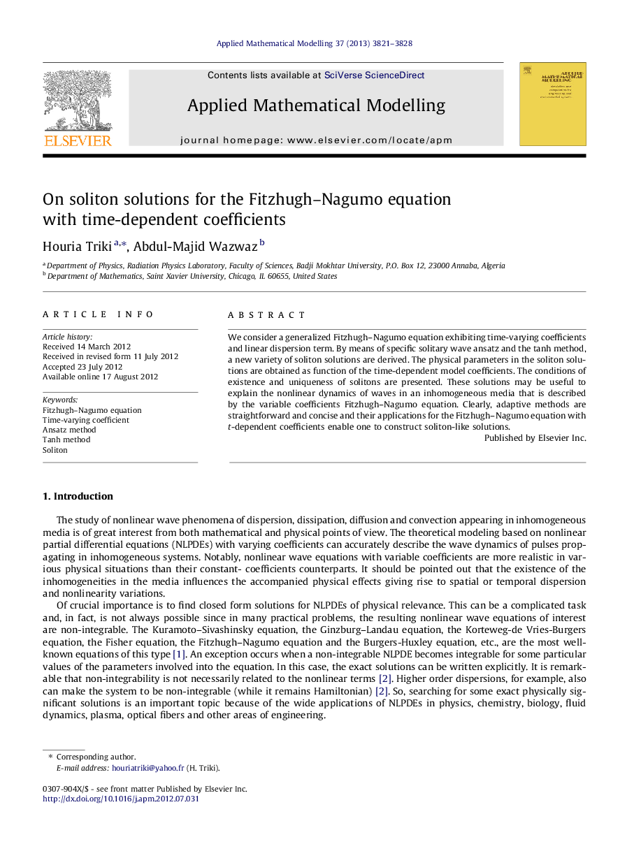 On soliton solutions for the Fitzhugh–Nagumo equation with time-dependent coefficients