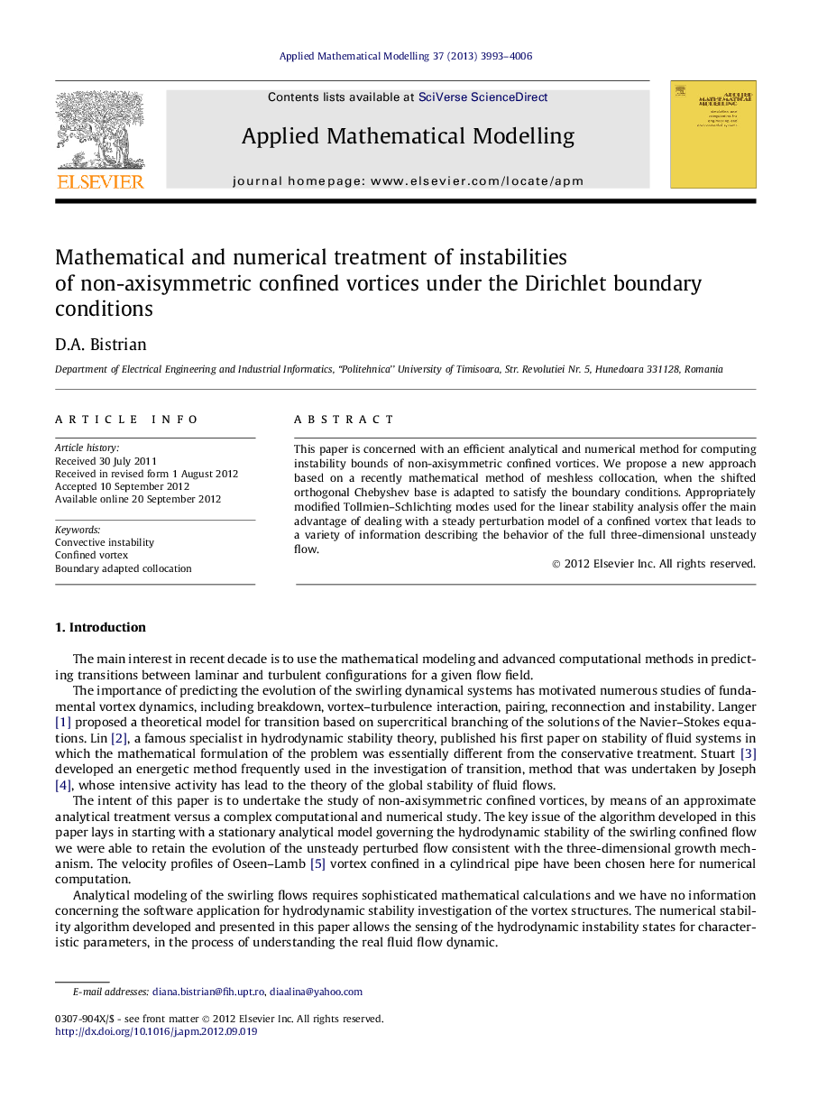 Mathematical and numerical treatment of instabilities of non-axisymmetric confined vortices under the Dirichlet boundary conditions