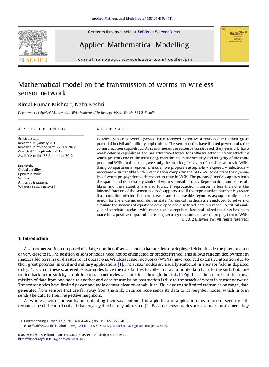 Mathematical model on the transmission of worms in wireless sensor network