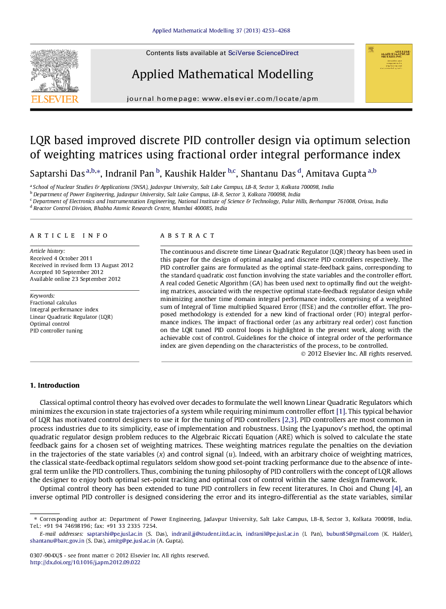 LQR based improved discrete PID controller design via optimum selection of weighting matrices using fractional order integral performance index