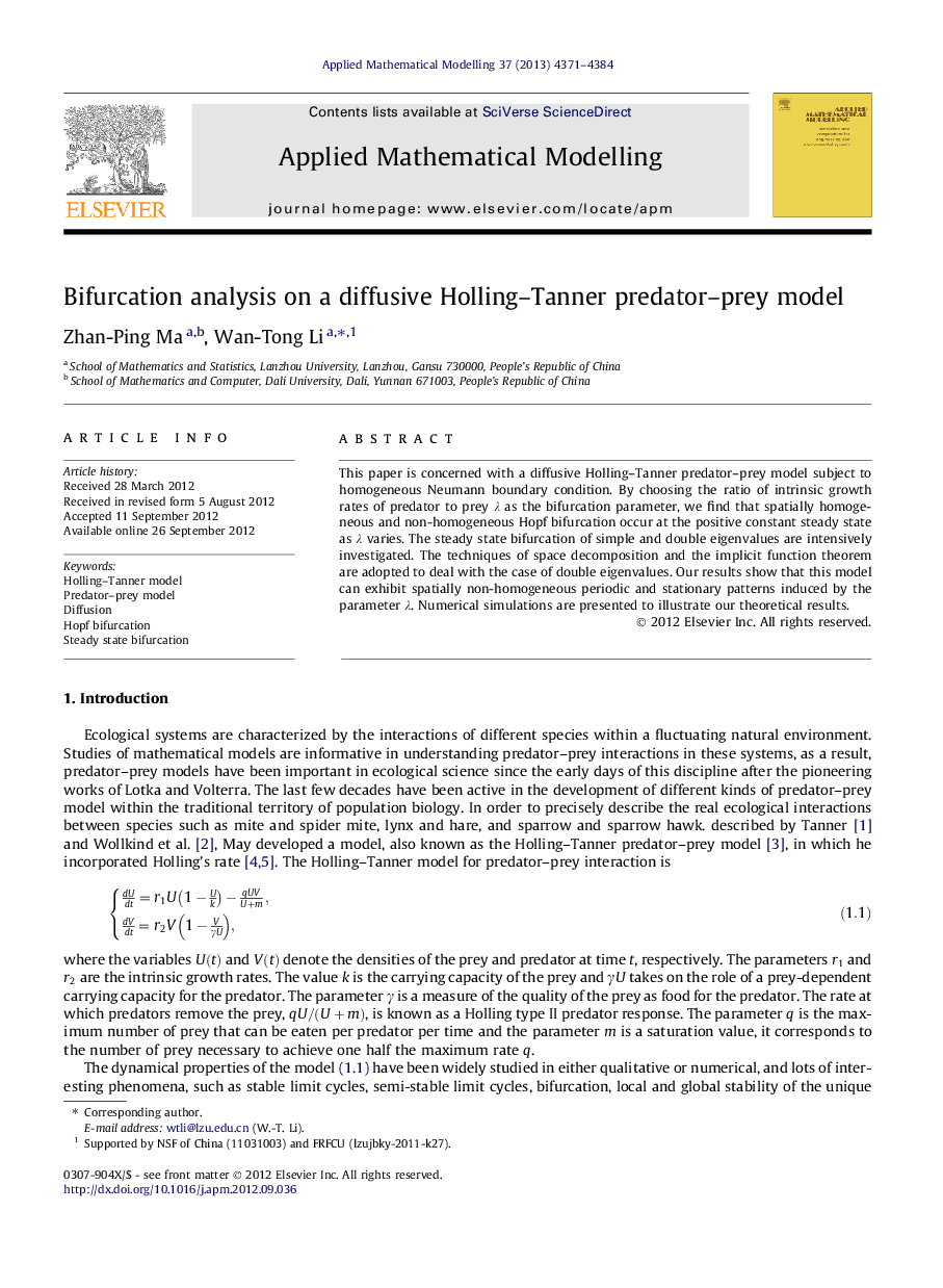 Bifurcation analysis on a diffusive Holling–Tanner predator–prey model