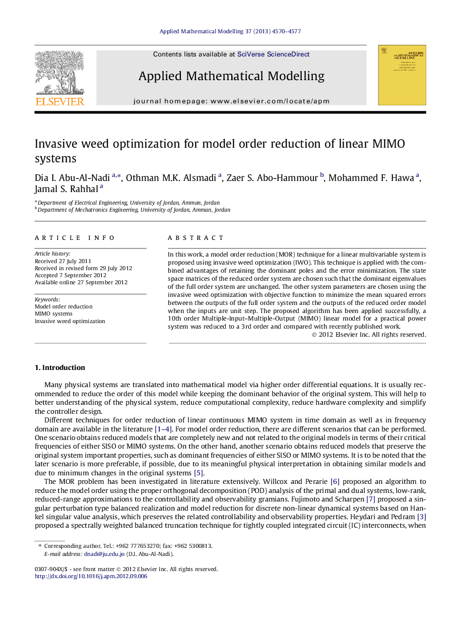 Invasive weed optimization for model order reduction of linear MIMO systems