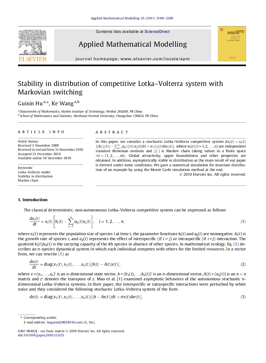 Stability in distribution of competitive Lotka–Volterra system with Markovian switching