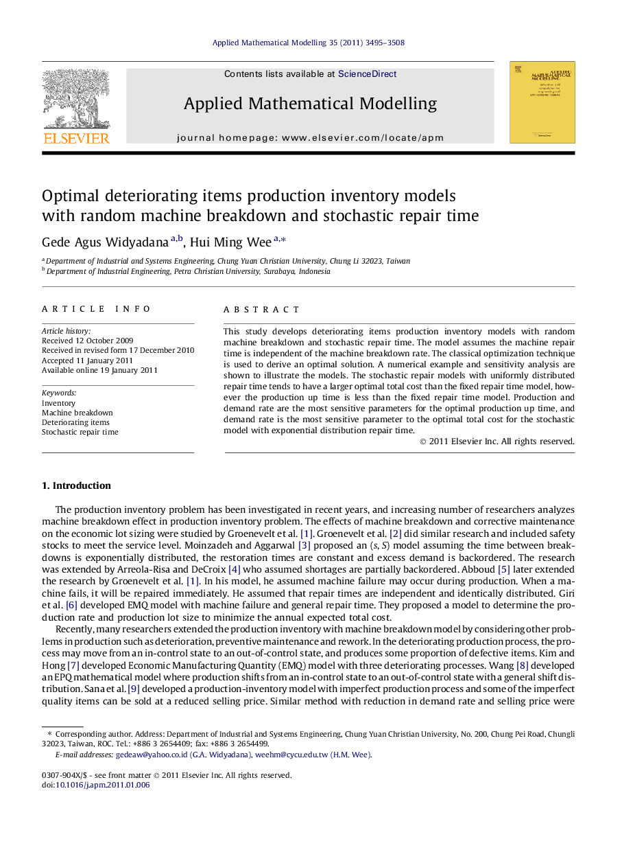 Optimal deteriorating items production inventory models with random machine breakdown and stochastic repair time