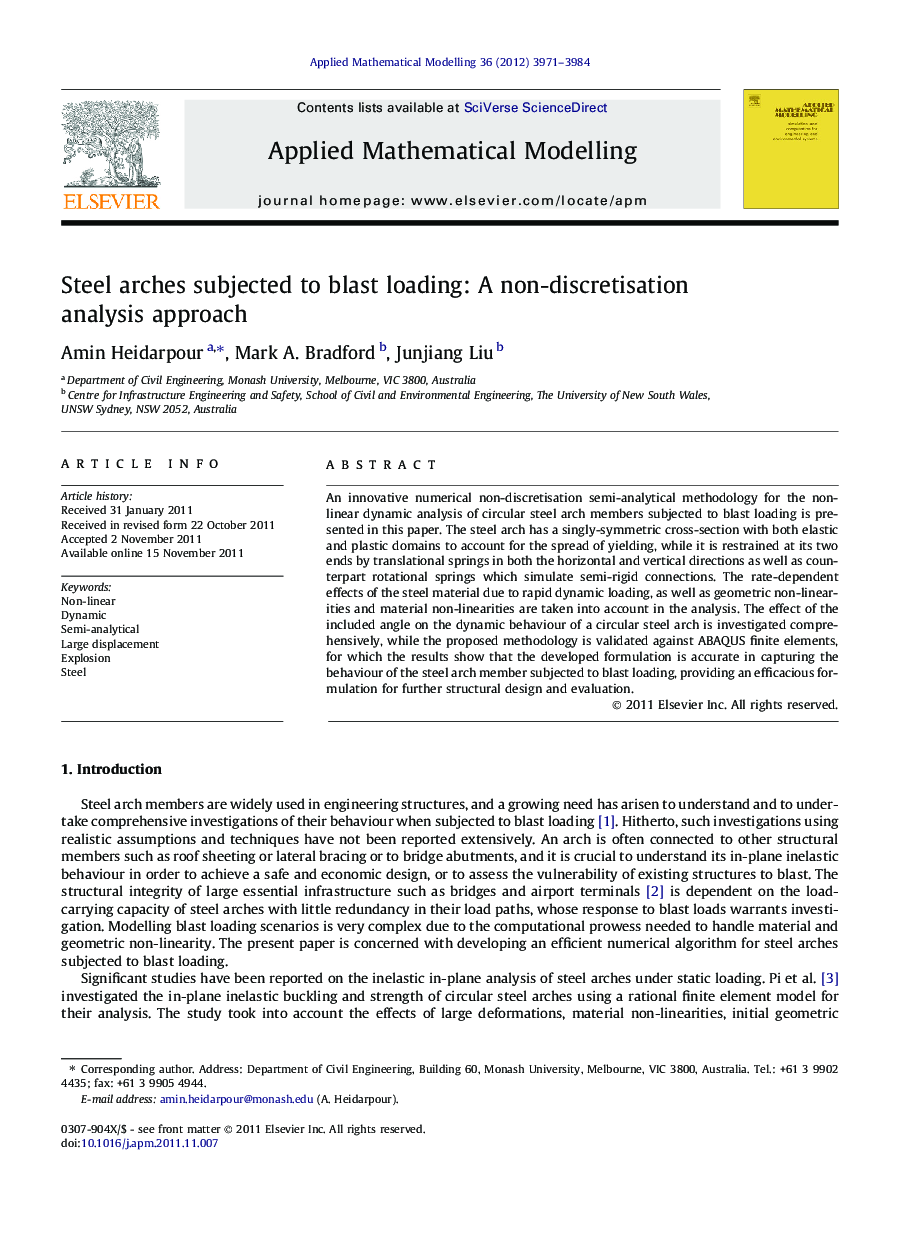 Steel arches subjected to blast loading: A non-discretisation analysis approach