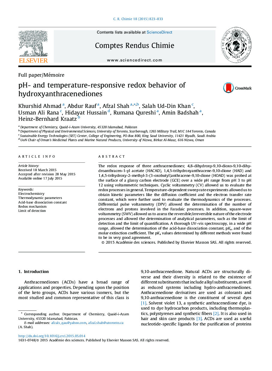 pH- and temperature-responsive redox behavior of hydroxyanthracenediones