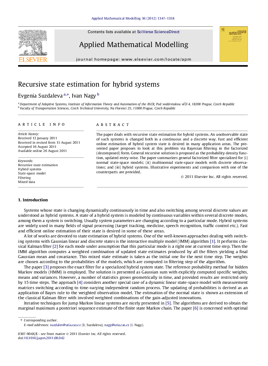 Recursive state estimation for hybrid systems