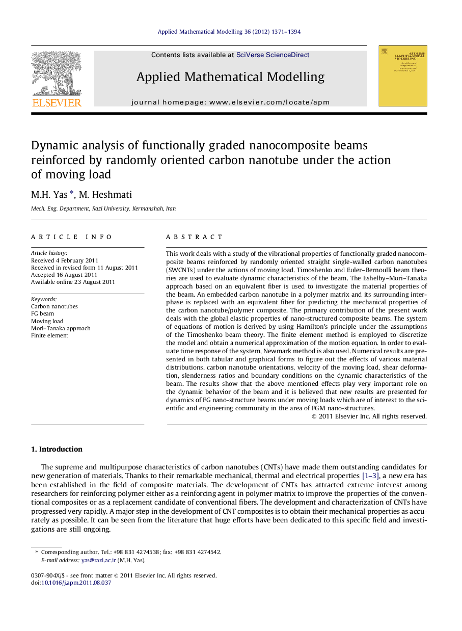 Dynamic analysis of functionally graded nanocomposite beams reinforced by randomly oriented carbon nanotube under the action of moving load